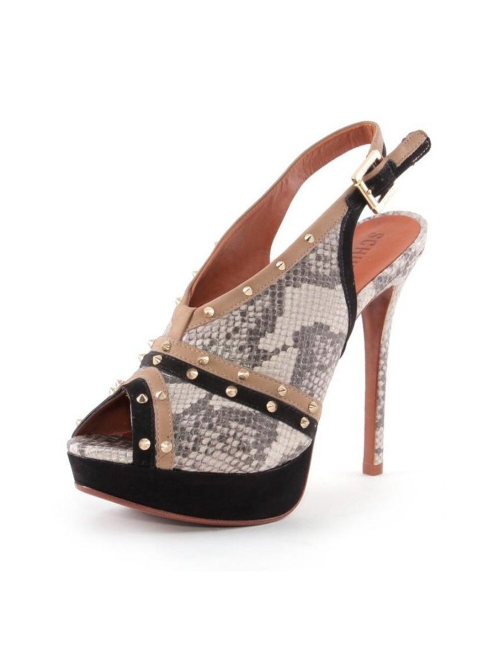 Schutz Elana High Heel Preto Sfari Python Slingback Sandal Studs Like New